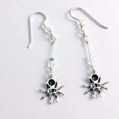 Sterling silver small spider with wire dangle earrings-arachnid, spiders,crystal