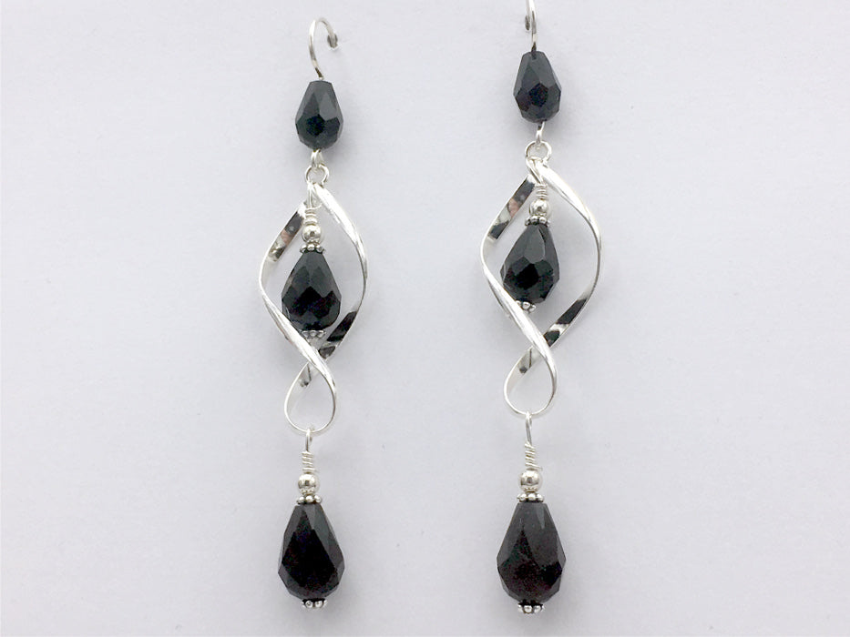 Sterling Silver long open twist drop Earrings- Celtic Knot, Black crystal