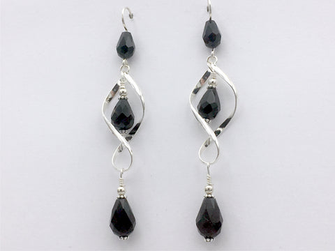 Sterling Silver long open twist drop Earrings- Celtic Knot, Black crystal