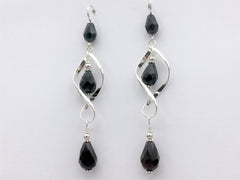 Sterling Silver long open twist drop Earrings- Celtic Knot, Black crystal