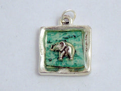 Pewter with aqua blue & sterling silver tiny elephant pendant-resin, elephants