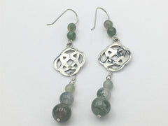 Sterling Silver Large Round Celtic Knot dangle earrings- Moss Agate, elegant