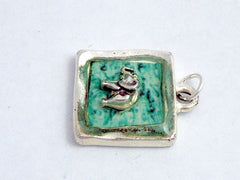 Pewter with aqua blue & sterling silver tiny elephant pendant-resin, elephants