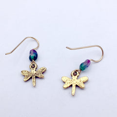 Goldtone Pewter small Dragonfly dangle earring-14kgf earwire,insects,dragonflies