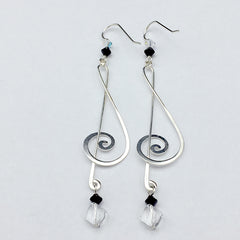 Sterling Silver long Treble Clef dangle earrings-crystal, music, musician,3 1/2"