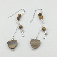 Sterling Silver and Tiger Eye heart dangle earrings-love, key to my heart, hearts