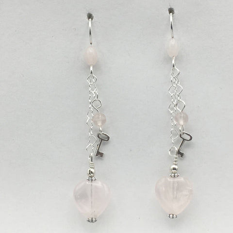 Sterling Silver and Rose Quartz heart dangle earrings-love, key to my heart, hearts