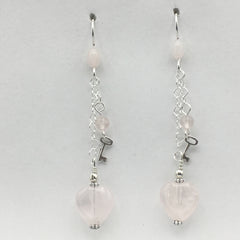 Sterling Silver and Rose Quartz heart dangle earrings-love, key to my heart, hearts