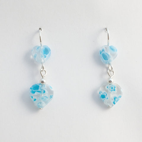 Sterling Silver Light Blue and white Millefiori glass Heart dangle Earrings,love