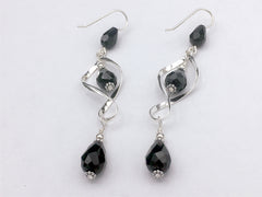 Sterling Silver long open twist drop Earrings- Celtic Knot, Black crystal