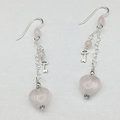 Sterling Silver and Rose Quartz heart dangle earrings-love, key to my heart, hearts