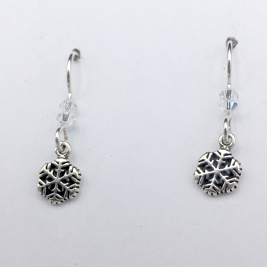 Sterling Silver small snowflake dangle earrings-holiday- winter- snow- ski,sled