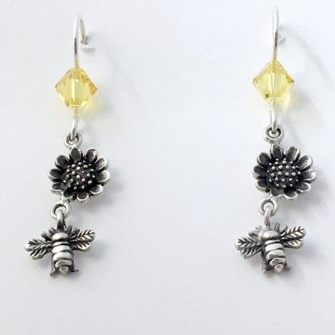 Sterling silver bee & sunflower dangle earrings-keeping-honey-bees-insect-garden