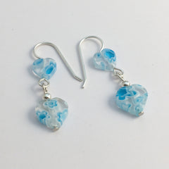 Sterling Silver Light Blue and white Millefiori glass Heart dangle Earrings,love