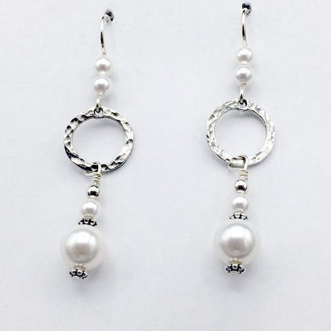 Sterling Silver  hammered circle Earrings-dangle, glass pearls