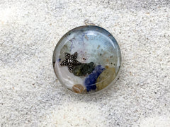 Sterling silver 25mm Round Pendant with Shell, Shells, Sand, Sea glass, Starfish, star fish, West Meadow Beach, Brookhaven, New York shore, tide pool, rocks, alcohol ink art,  beach comber, Long Island