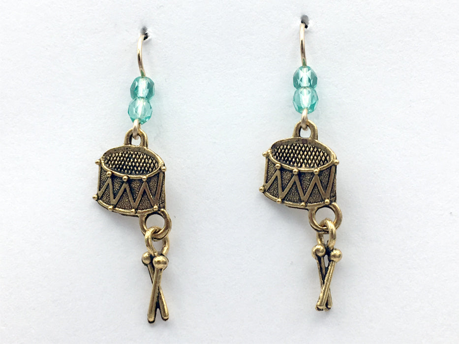 Goldtone Pewter & 14k GF drum with sticks dangling earrings-snare- band- drums