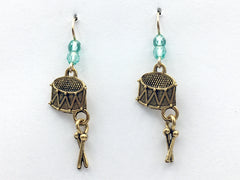 Goldtone Pewter & 14k GF drum with sticks dangling earrings-snare- band- drums
