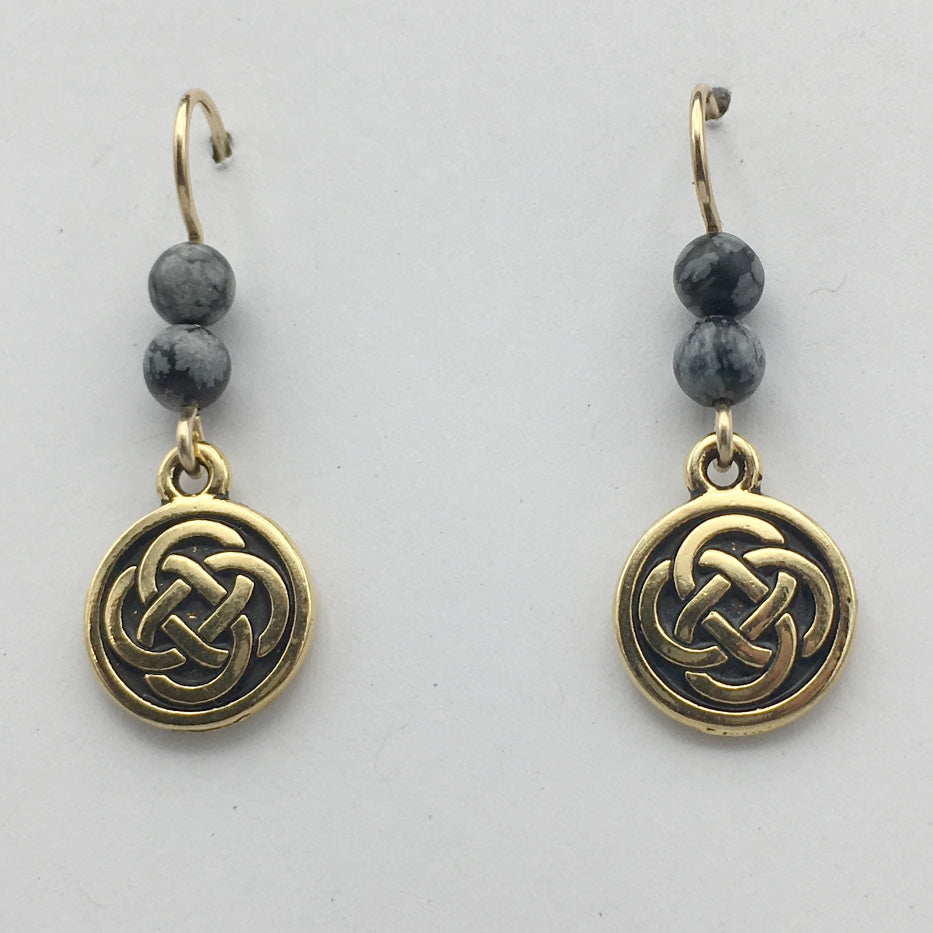 Gold tone Pewter &14k gf Celtic medium Round Knot earrings- snowflake obsidian