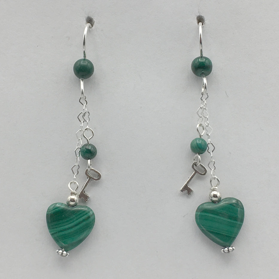 Sterling Silver and Malachite heart dangle earrings-love, key to my heart, hearts