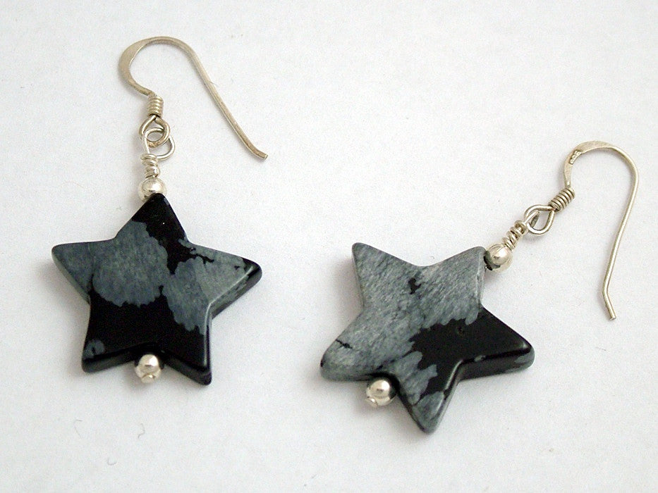Sterling silver large Snowflake Obsidian Star dangle earrings- Stars,astronomy