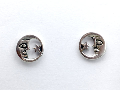 Sterling silver circle Crescent Moon &  Star stud earrings-celestial, astronomy