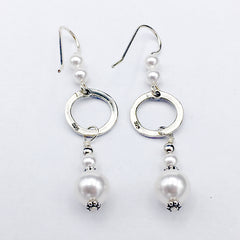 Sterling Silver  hammered circle Earrings-dangle, glass pearls