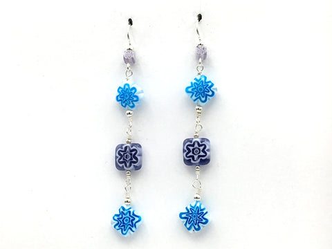 Sterling silver & millefiori purple, aqua glass flower beads dangle earrings