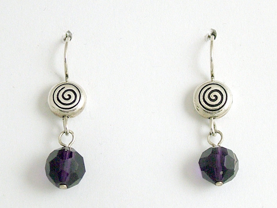 Pewter & Sterling Silver Spiral dangle earrings-dark purple crystal, spirals