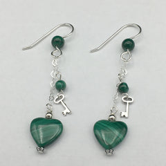 Sterling Silver and Malachite heart dangle earrings-love, key to my heart, hearts