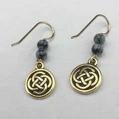 Gold tone Pewter &14k gf Celtic medium Round Knot earrings- snowflake obsidian