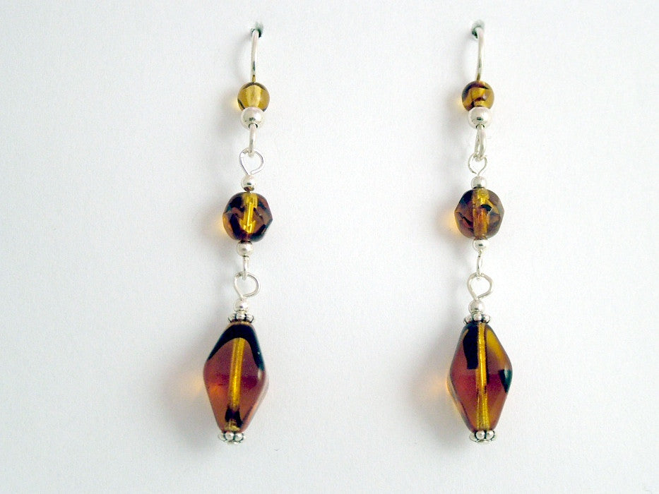 Sterling silver and tortoise glass beads dangle earrings- Elegant, 2 1/8 inches