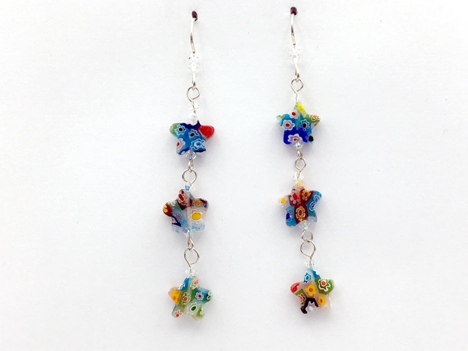Sterling silver & millefiori star aqua, orange,multi glass beads dangle earrings