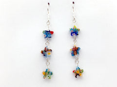 Sterling silver & millefiori star aqua, orange,multi glass beads dangle earrings