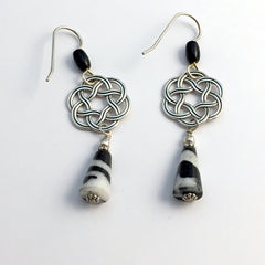 Sterling Silver Large Round Celtic Knot dangle earrings- Zebra Jasper, obsidian