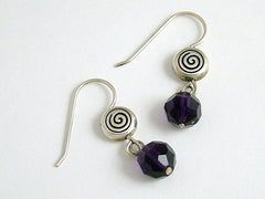 Pewter & Sterling Silver Spiral dangle earrings-dark purple crystal, spirals