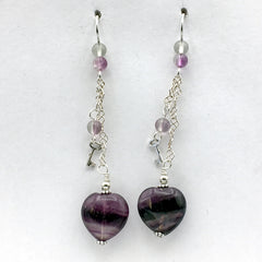 Sterling Silver and Rainbow Fluorite heart dangle earrings-love, key to my heart, hearts