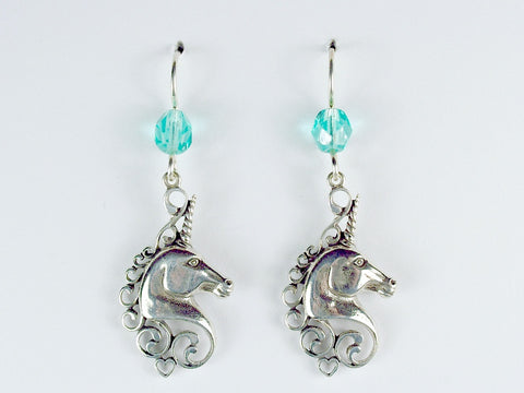 Sterling silver  Unicorn Head dangle earrings- glass-Fantasy-unicorns, heart