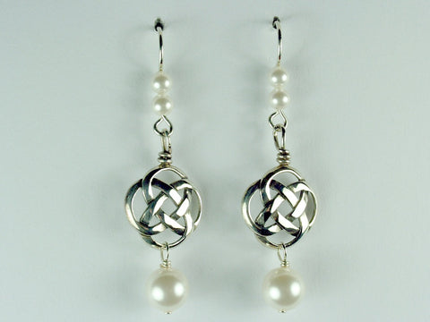 Sterling Silver Round Celtic Knot dangle earrings- glass "pearls" ,knots