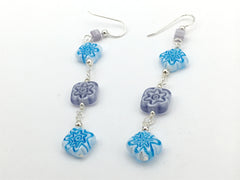 Sterling silver & millefiori purple, aqua glass flower beads dangle earrings