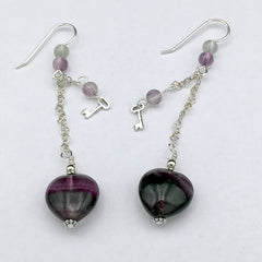 Sterling Silver and Rainbow Fluorite heart dangle earrings-love, key to my heart, hearts