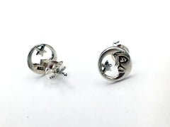 Sterling silver circle Crescent Moon &  Star stud earrings-celestial, astronomy