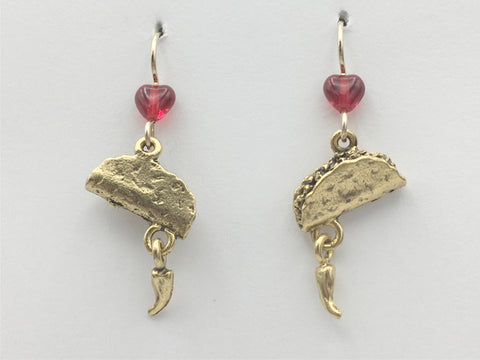Goldtone Pewter & 14K GF Taco with dangling chili pepper Earrings- food, tacos