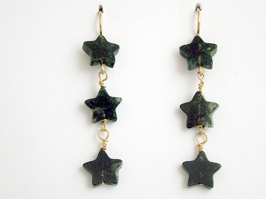 14k gold filled wire & Moss Agate 3 star bead dangle earrings-2 inch long, stars