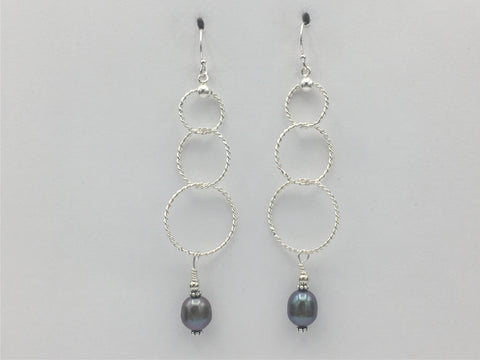 Sterling Silver 3 tier twisted wire circle Earrings-dangle, freshwater pearls