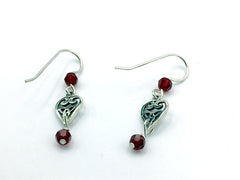 Sterling Silver small Celtic Trinity Knot Heart dangle Earrings-burgundy red crystal