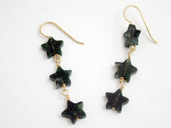 14k gold filled wire & Moss Agate 3 star bead dangle earrings-2 inch long, stars