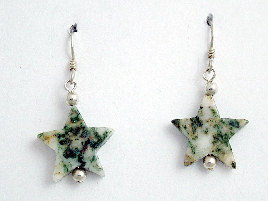 Sterling silver med. Tree Agate Star dangle earrings-green, brown,astronomy