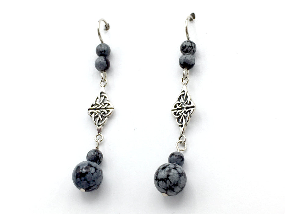Sterling Silver Double Celtic Knot Dangle Earrings- snowflake Obsidian, gorgeous