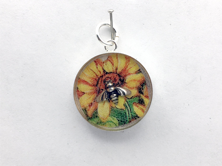 Sterling silver 20mm Round Pendant with Bee on Vintage Sunflower print